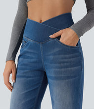 Load image into Gallery viewer, Royal Wolf High Waist Straight Leg X-Crossover Soft Casual Knitted Women Jeans