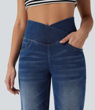 Load image into Gallery viewer, Royal Wolf Straight Leg X-Crossover Blue Stretch Soft Knitted Women Jeans