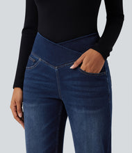 Load image into Gallery viewer, Royal Wolf Straight Leg X-Crossover Dark Blue Gym Knitted Jeans with Pockets for Women