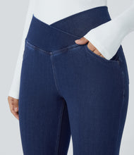 Load image into Gallery viewer, Royal Wolf Flared Blue Crossover Knitted Soft Casual Women Jeans