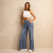 Load image into Gallery viewer, Shascullfites Melody High-Waisted Wide-Leg Jeans Light Blue Women's Stretchy Knit Trousers with Multiple Pockets for Work