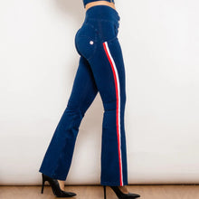 Load image into Gallery viewer, Shascullfites Melody Dark Blue Striped Flared Lift Jeggings Button Up Jeans Bum Lift Jeans High Waist Flare Jeans Women