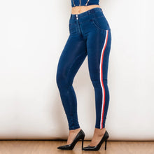 Load image into Gallery viewer, Shascullfites Melody White&Red Side Stripe Dark Blue Denim Jeans Middle Waist Stretch Pants Slim Straight Butt lift Pants