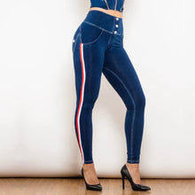 Load image into Gallery viewer, Shascullfites Melody Seam Hug Jeans Stretch Skinny Jeans With White&Red Stripe Side Scrunch Bum Jeggings High Waist Jeans
