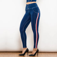 Load image into Gallery viewer, Shascullfites Melody Seam Hug Jeans Stretch Skinny Jeans With White&Red Stripe Side Scrunch Bum Jeggings High Waist Jeans