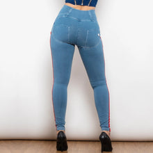 Load image into Gallery viewer, Shascullfites Melody White Thread Light Blue Striped Lift Jeggings Button Up High Wasit Jeans Scrunch Bum Pants