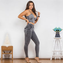Load image into Gallery viewer, Shascullfites Shaper Suit Grey Denim Zipper Shaper Push Up Top Middle Waist Skinny Jeans Sets of Women 2 Pieces Elegant