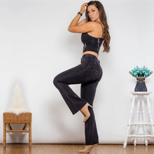 Load image into Gallery viewer, Shascullfites Bodysuit Push Up Top Black Denim Zipper Crop Top Middle Waist Flare Jeans Two Piece Sets Womens Shaper Set