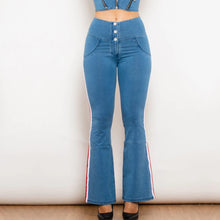 Load image into Gallery viewer, Shascullfites Melody Light Blue Striped Flared Lift Jeggings Button Up Butt Lift High Waist Flare Jeans Women Shaping Jeans