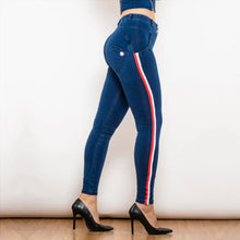 Load image into Gallery viewer, Shascullfites Melody White&Red Side Stripe Dark Blue Denim Jeans Middle Waist Stretch Pants Slim Straight Butt lift Pants