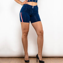 Load image into Gallery viewer, Shascullfites Melody Middle Waist Dark Thread Dark Blue Jeans with Stripe Denim Shorts Slim Fit Bum Lift Shorts Women Shorts