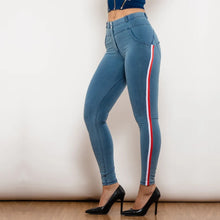 Load image into Gallery viewer, Shascullfites Melody Side Striped Middle Waist Skinny Jeans Bum Lift Leggings Woman Sexy Push Up Jeans Denim Pencil Pants