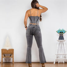 Load image into Gallery viewer, Shascullfites Shaper Suit Bodysuit Zipper Push Up Top Grey Jeans Top High Waist Flare Jeans Set Woman 2 Pieces