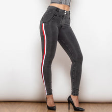 Load image into Gallery viewer, Shascullfites Melody Middle Waist Dark Thread Grey Jeans with Stripe Scrunch Bum Jeggings Women Butt Lift Jeans