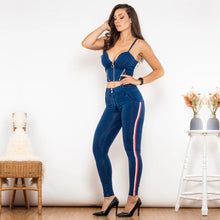 Load image into Gallery viewer, Shascullfites Melody Shaper Set Middle Waist Dark Thread Dark Blue Jeans with Stripe Jeans Set Sexy Denim Pants 2 Pieces Set