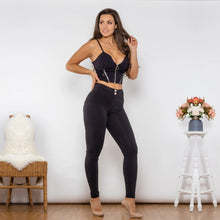 Load image into Gallery viewer, Shascullfites Melody Body Shaper Set Black Cotton Zipper Push Up Top Middle Waist Quick Dry Butt Lift Leggings Pant Sets