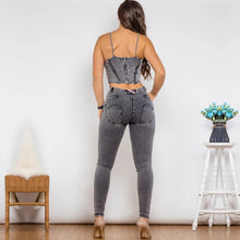 Load image into Gallery viewer, Shascullfites Shaper Suit Grey Denim Zipper Shaper Push Up Top Middle Waist Skinny Jeans Sets of Women 2 Pieces Elegant