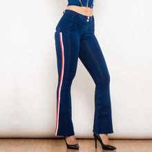 Load image into Gallery viewer, Shascullfites Melody Fashion White Red Side Stripe Flare Jeans Butt Lifting Female Casual Elasticity Dark Blue Denim Bell Pants