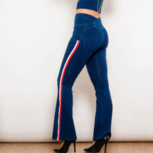 Load image into Gallery viewer, Shascullfites Melody Dark Blue Striped Flared Lift Jeggings Button Up Jeans Bum Lift Jeans High Waist Flare Jeans Women