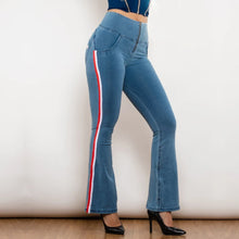 Load image into Gallery viewer, Shascullfites Melody Light Blue Flare Jeans Stretch Skinny Ripped Jeans With White&Red Stripe Side Scrunch Bum Pants
