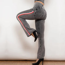 Load image into Gallery viewer, Shascullfites Melody Side Stripe Denim Jeans Fashion Stretch Bum Lift Flare Pants High Waist Grey Jeans