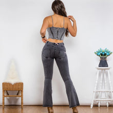 Load image into Gallery viewer, Shascullfites Shaper Suit Grey Denim Bodysuit Zipper Push Up Top Middle Waist Butt Lift Flare Jeans Women Two Piece Outfits