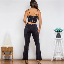 Load image into Gallery viewer, Shascullfites Bodysuit Push Up Top Black Denim Zipper Crop Top Middle Waist Flare Jeans Two Piece Sets Womens Shaper Set