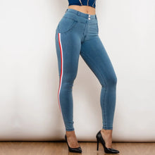 Load image into Gallery viewer, Shascullfites Melody Side Striped Middle Waist Skinny Jeans Bum Lift Leggings Woman Sexy Push Up Jeans Denim Pencil Pants
