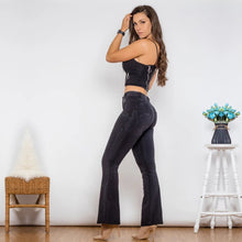 Load image into Gallery viewer, Shascullfites Bodysuit Push Up Top Black Denim Zipper Crop Top Middle Waist Flare Jeans Two Piece Sets Womens Shaper Set
