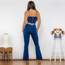 Load image into Gallery viewer, Shascullfites Shaper Set Dark Blue Bodysuit Zipper Push Up Top Middle Waist Flare Jeans Women Two Piece Clothes for Women
