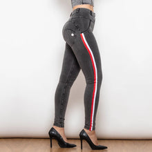 Load image into Gallery viewer, Shascullfites Melody Middle Waist Dark Thread Grey Jeans with Stripe Scrunch Bum Jeggings Women Butt Lift Jeans