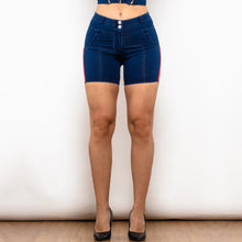 Load image into Gallery viewer, Shascullfites Melody Middle Waist Dark Thread Dark Blue Jeans with Stripe Denim Shorts Slim Fit Bum Lift Shorts Women Shorts