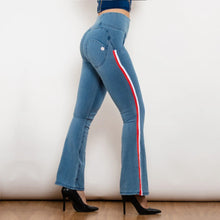Load image into Gallery viewer, Shascullfites Melody Light Blue Flare Jeans Stretch Skinny Ripped Jeans With White&Red Stripe Side Scrunch Bum Pants
