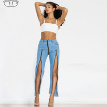 Load image into Gallery viewer, Shascullfites Women Split Straight Jeans Women Club Dancing Pants Light Blue Denim Pants Slim Fit Zipper Jeans