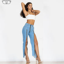 Load image into Gallery viewer, Shascullfites Women Split Straight Jeans Women Club Dancing Pants Light Blue Denim Pants Slim Fit Zipper Jeans
