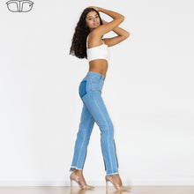 Load image into Gallery viewer, Shascullfites Women Split Straight Jeans Women Club Dancing Pants Light Blue Denim Pants Slim Fit Zipper Jeans