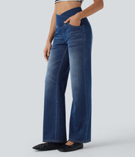 Load image into Gallery viewer, Royal Wolf Straight Leg X-Crossover Blue Stretch Soft Knitted Women Jeans
