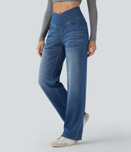 Load image into Gallery viewer, Royal Wolf High Waist Straight Leg X-Crossover Soft Casual Knitted Women Jeans
