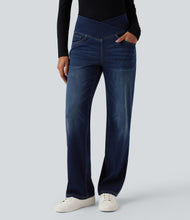 Load image into Gallery viewer, Royal Wolf Straight Leg X-Crossover Dark Blue Gym Knitted Jeans with Pockets for Women
