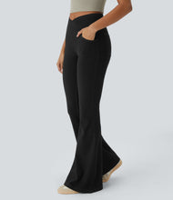Load image into Gallery viewer, Royal Wolf Flared Black Crossover Stretch Soft Bell Bottom Jeans

