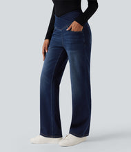 Load image into Gallery viewer, Royal Wolf Straight Leg X-Crossover Dark Blue Gym Knitted Jeans with Pockets for Women
