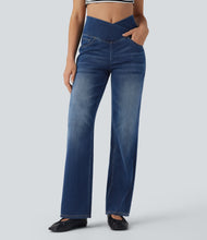 Load image into Gallery viewer, Royal Wolf Straight Leg X-Crossover Blue Stretch Soft Knitted Women Jeans
