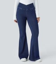 Load image into Gallery viewer, Royal Wolf Flared Blue Crossover Knitted Soft Casual Women Jeans
