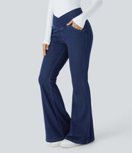 Load image into Gallery viewer, Royal Wolf Flared Blue Crossover Knitted Soft Casual Women Jeans
