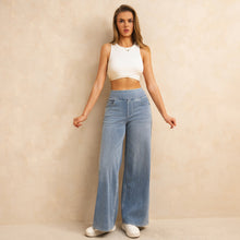 Load image into Gallery viewer, Shascullfites Melody Women's High-Waisted Wide-Leg Jeans Light Blue Casual Knitted Pants with Pockets Baggy Fit
