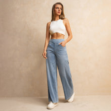 Load image into Gallery viewer, Shascullfites Melody Women's High-Waisted Wide-Leg Jeans Light Blue Casual Knitted Pants with Pockets Baggy Fit
