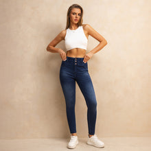 Load image into Gallery viewer, Shascullfites Melody High Waisted Zipper Pocket Jeans Button Denim Woman Pants Dark Blue Stretch Jean Lifts Buttocks
