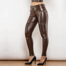 Load image into Gallery viewer, Shascullfites Melody Brown Pu Leather Pants Motorcycle Streetwear Middle Waist Skinny Pants Stitching Multi-Zipper for Women
