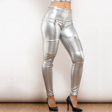 Load image into Gallery viewer, Shascullfites Melody Silver Faux Leather Pants Pu Coating Windshield Waterproof Pants Slim Leather Biker Pants

