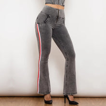 Load image into Gallery viewer, Shascullfites Melody Side Stripe Denim Jeans Fashion Stretch Bum Lift Flare Pants High Waist Grey Jeans
